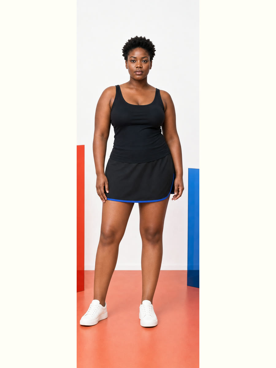 Afterlight performance skort shown in a complete-look editorial frame.