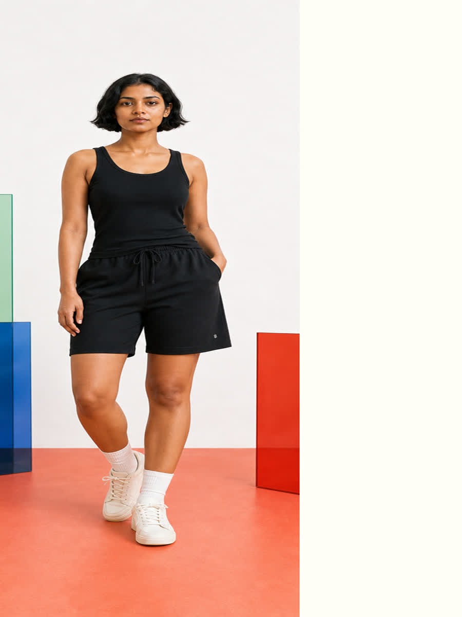 Probation Garden relaxed shorts styled in a standing complete-look frame.