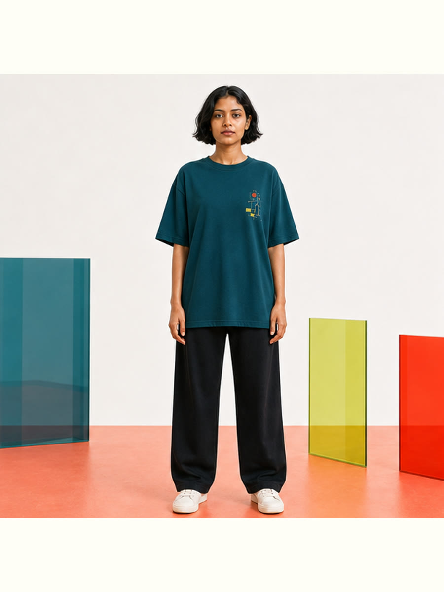 Field Notes In Motion Oversized Tee front view in the Vervefolk studio.