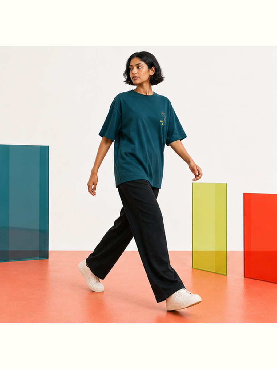 Field Notes In Motion Oversized Tee full fit and movement view.